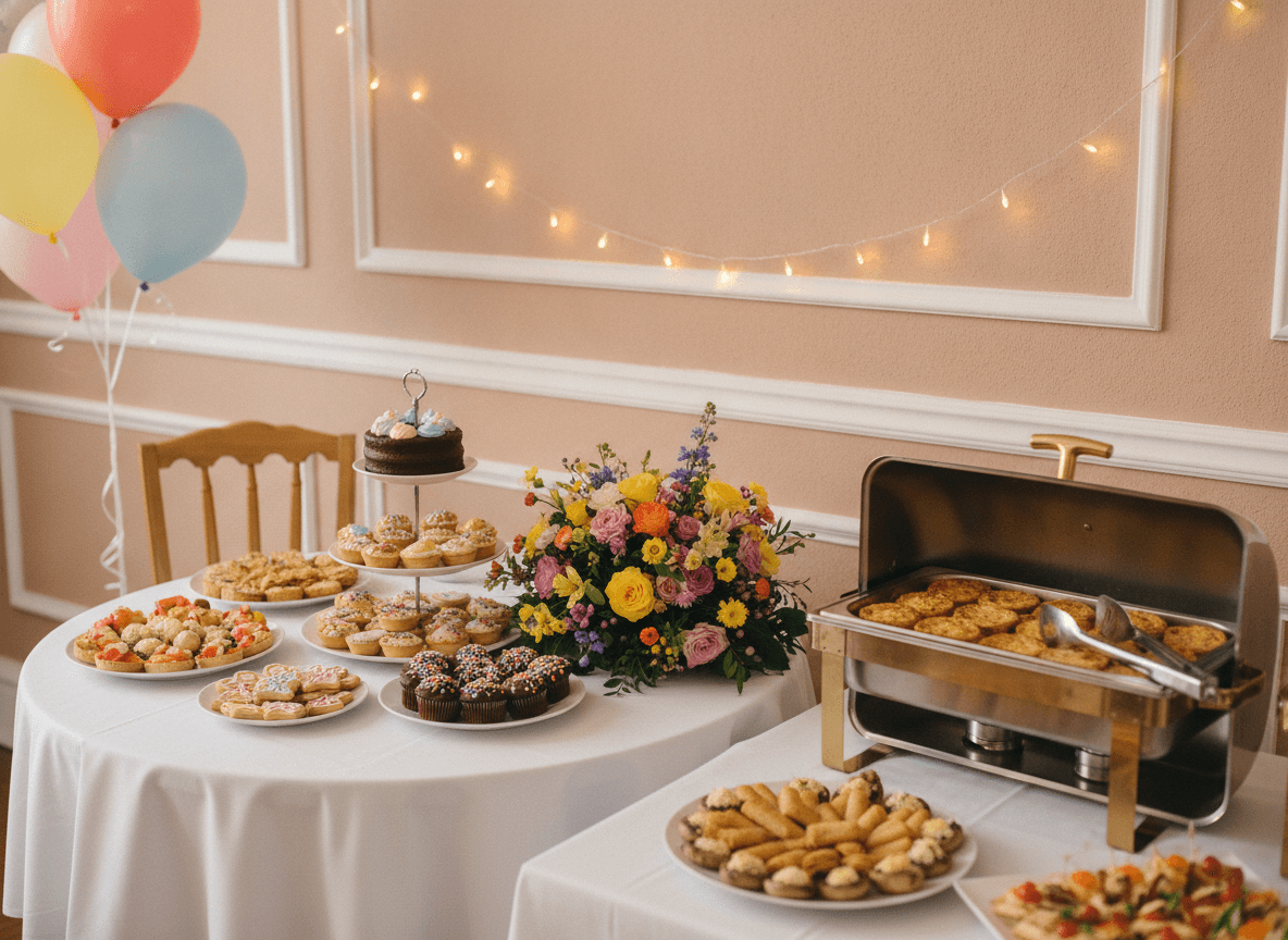 A birthday and anniversary catering spread with cake