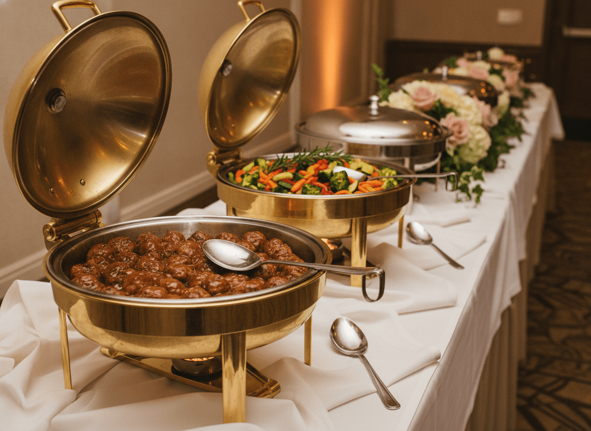 An elegant wedding reception catering spread, warmly lit with florals and candlelight