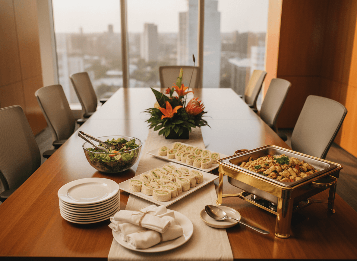 A catered boardroom lunch spread, ready for a working meeting