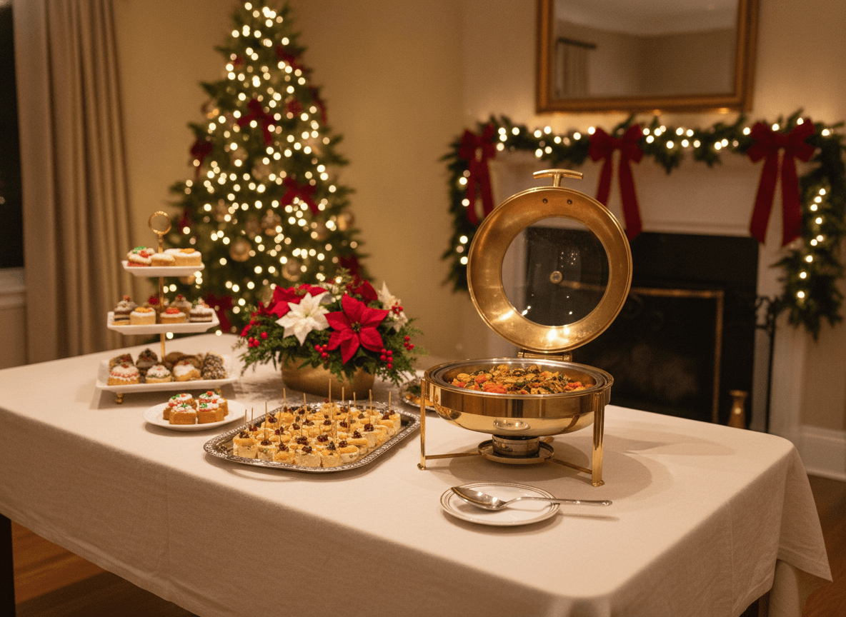 A Christmas holiday party catering spread, decorated for the season