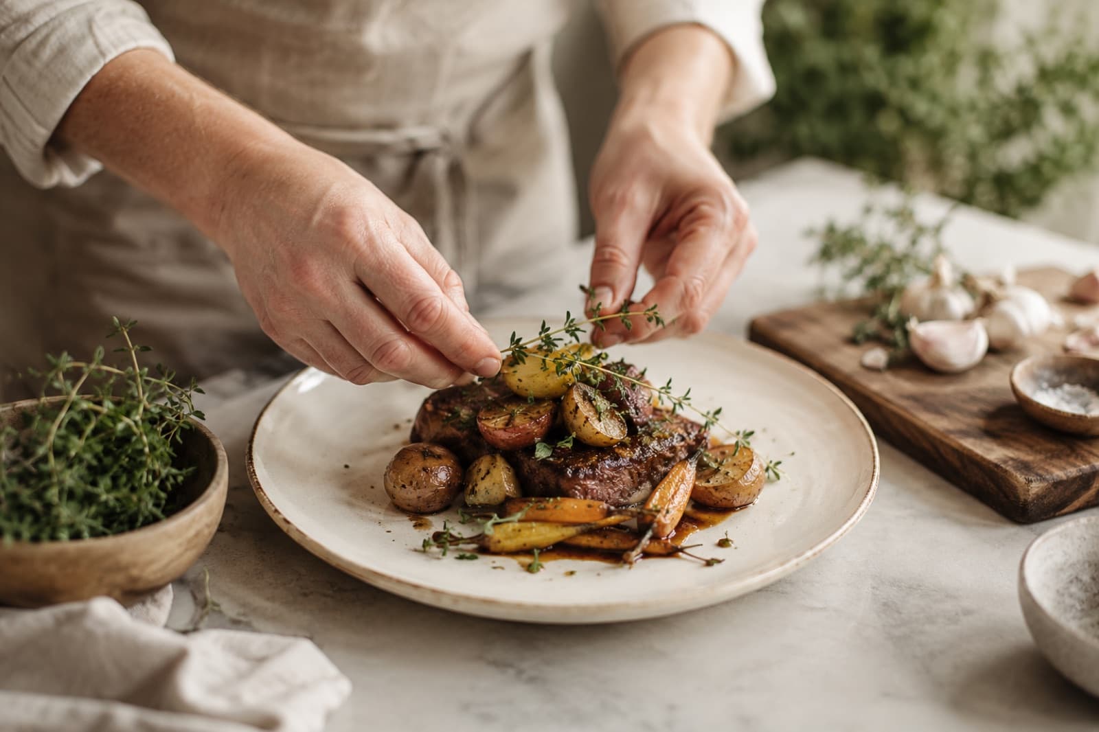 Hands plating a dish, a detail from the kitchen